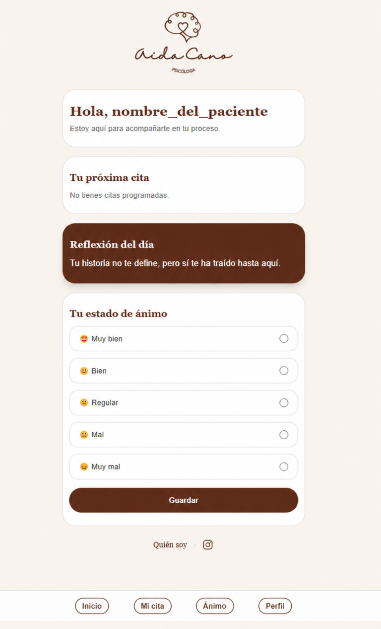 Espacio privado del paciente con citas y estado de ánimo Vista del paciente en app de gestión de citas psicológica con IA